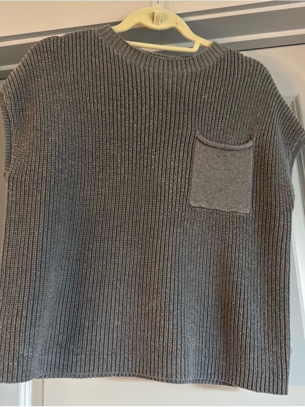 Women's Gray Ribbed Knit Sweater Vest with Chest Pocket